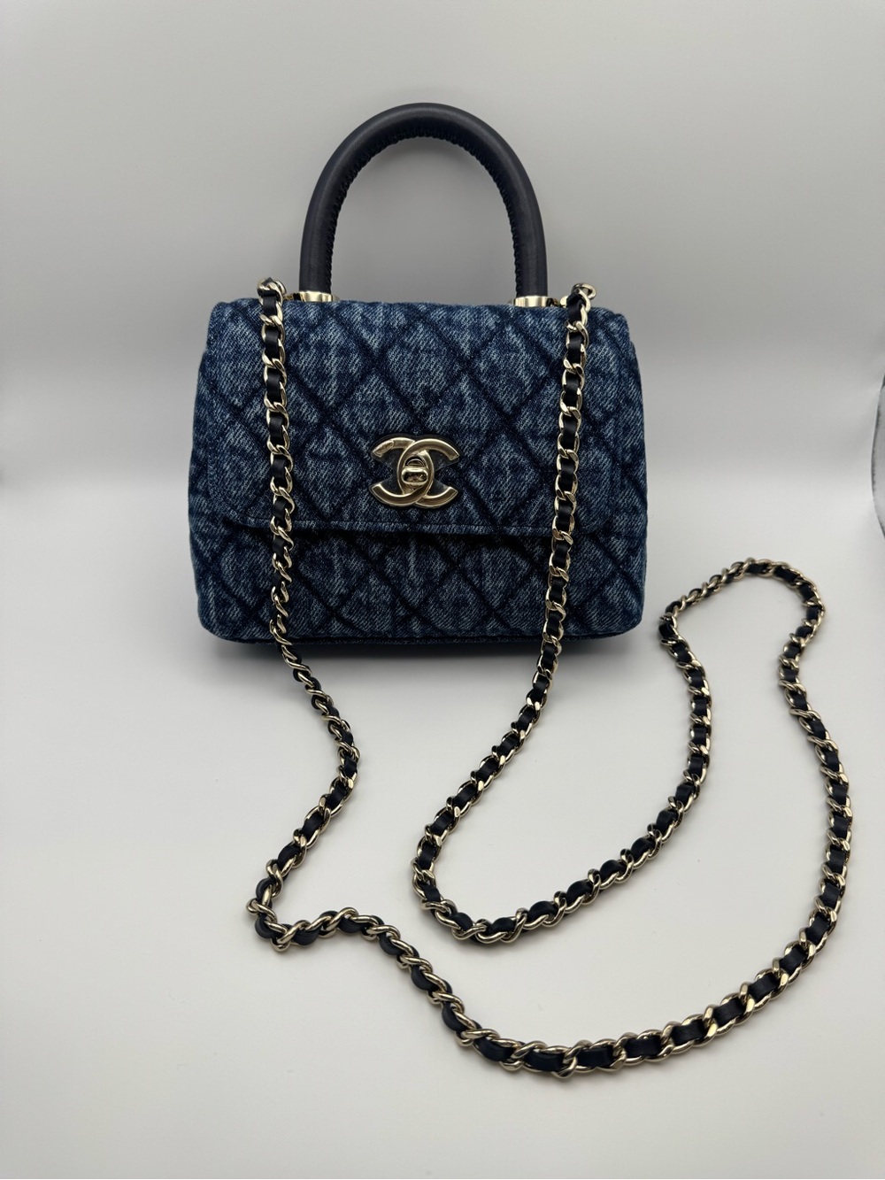 Full Set Chanel Blue Quilted Denim Mini Top-Handle Bag with Gold Hardware